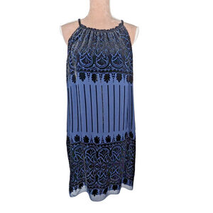 Max Studio Silk Velvet Burnout Dress M Blue Black Sheer Overlay Y2K Fairy Goth